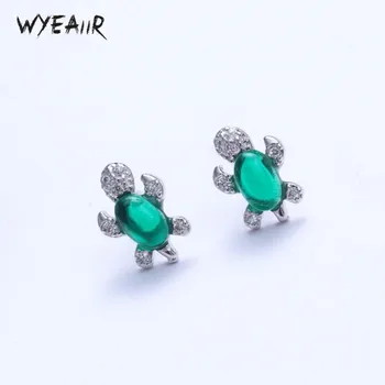 

WYEAIIR Personality Cute Mini Green Gem Turtle Art Simple 925 Sterling Silver Female Stud Earrings