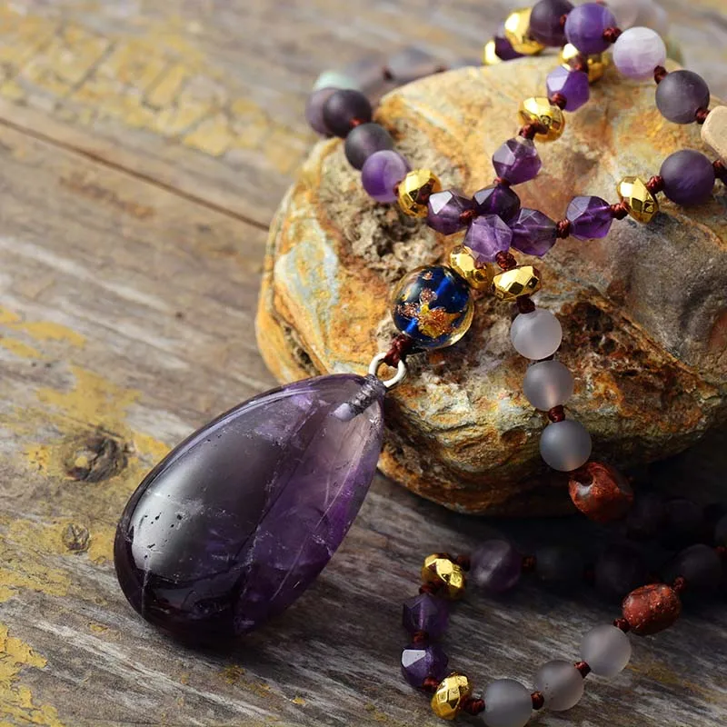 New Quality Frosted Natural Stones Teardrop Pendant Necklace Women Amethysts Ethnic Beaded Lariat Necklace Jewelry Wholesale