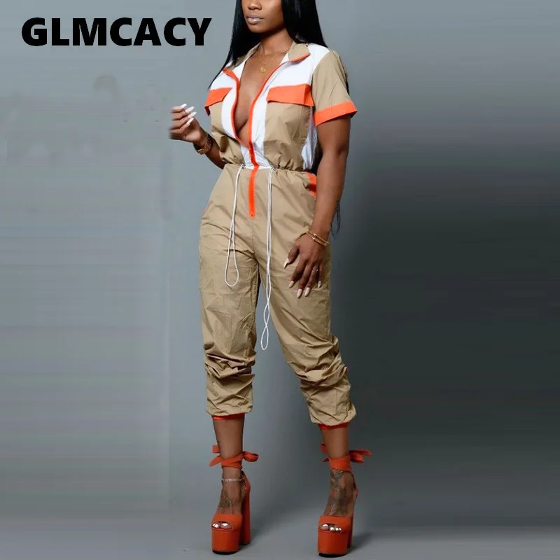 

Women Short Sleeve Summer Zip Up High Street Overalls V Neck Regular Fit Jumpsuits Chic Streetwear Long Jumpsuit