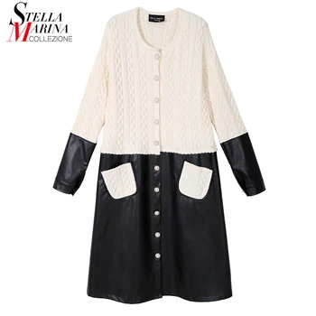 

Woolen Faux Leather Patchwork 2020 Winter Fashion White Yellow Dress Buttons Up Long Sleeve Ladies Warm Casual Dress Robe MW005