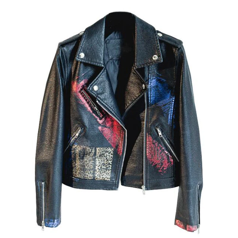 

Fashion Graffiti Printing Leather Jacket Long Sleeve Jacket Women Outerwear Female Spring Autumn Coat Women Slim Casual Jackets