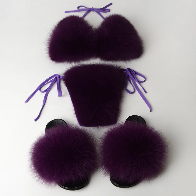 purple set Пикантные тапочки с натуральным лисьим мехом женские меховые бюстгальтеры, женские пушистые меховые шлепанцы, меховые бикини, повседневные домашние тапочки, женские удобные плюшевые туфли на плоской подошве - Цвет: purple set