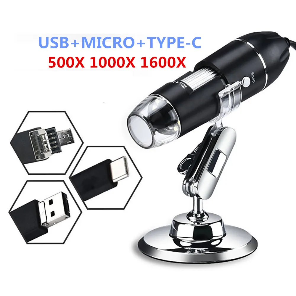 Цифровой микроскоп 1600X 1000X 500X 3 в 1 с микро/фото/USB видеокамера 8 светодиодными
