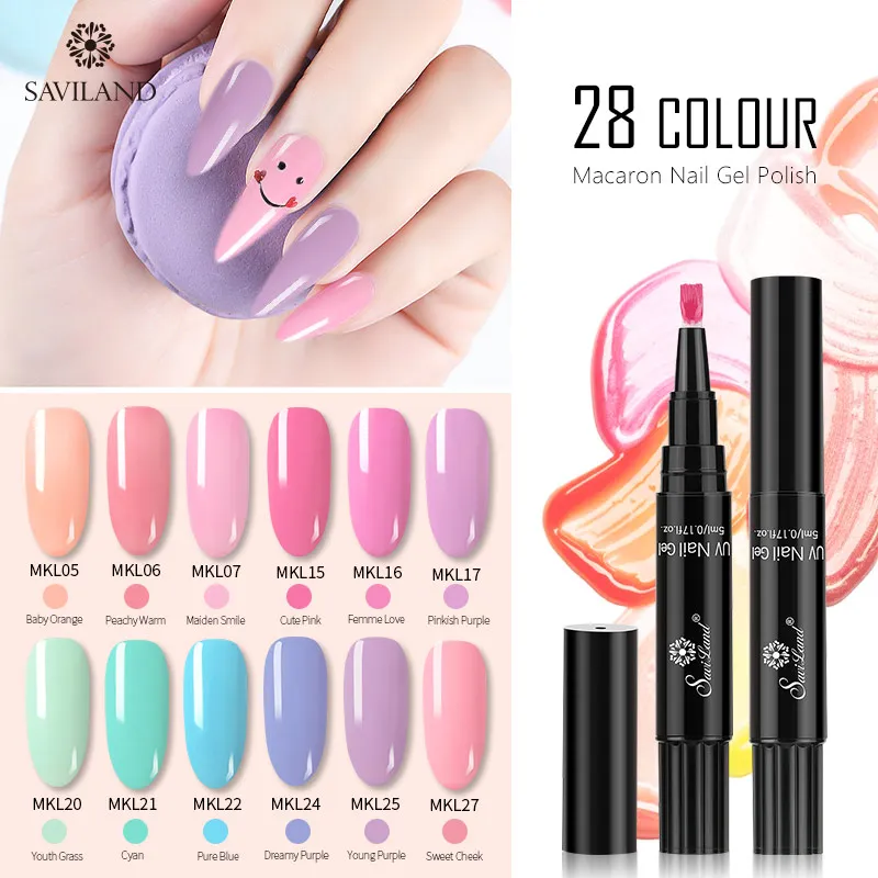 

SAVILAND Macaron 28 Colors Gel Nail Varnish Pen Newest Glitter Soak Off Nail Polish Primer Top Coat Dawdler UV Nail Art Tools