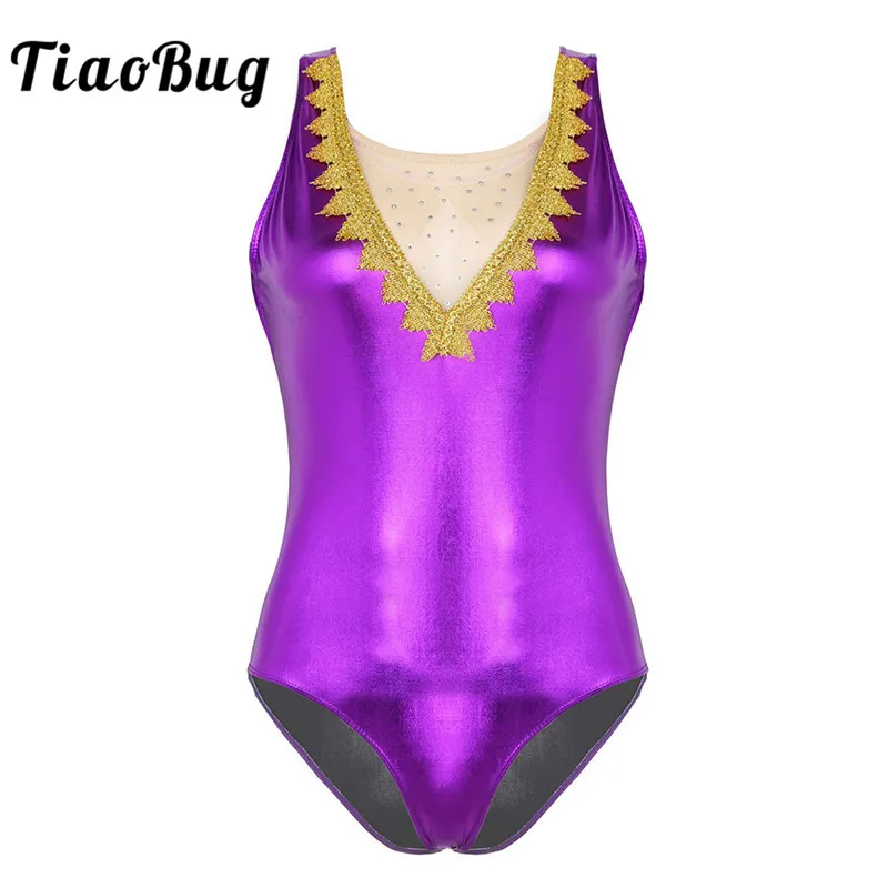 

TiaoBug Adults Women Halloween Roleplay Party Shiny Metallic Sleeveless High Cut Purple Leotard Bodysuit Cosplay Circus Costume