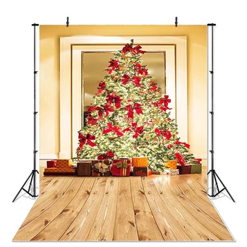 

Christmas Photography Background Christmas Tree Bow Gift Golden Wooden Floor Backdrop Decoration Props Banner For Photo Studio