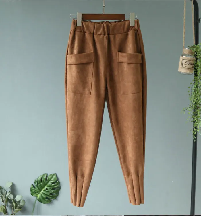 Уличная Женская Брюки эластичные с высокой талией с карманами замшевые шаровары Повседневные осенние брюки больших размеров женские Панталоны Mujer