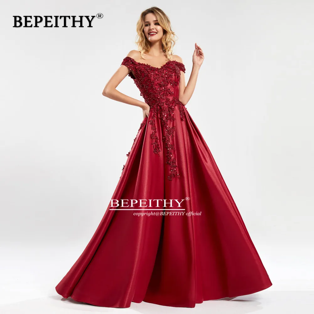 BEPEITHY с открытыми плечами Красное длинное вечернее платье с кружевным лифом и Robe De Soiree вечернее платье Винтаж Выходные туфли на выпускной вечерние платье