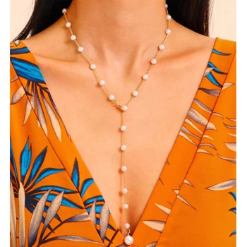 

Tocona Luxury Pearl Stone Chain Necklace for Women 2020 Charrming Long Sweater Chain Gold Alloy Party Jewelry Gift C19103