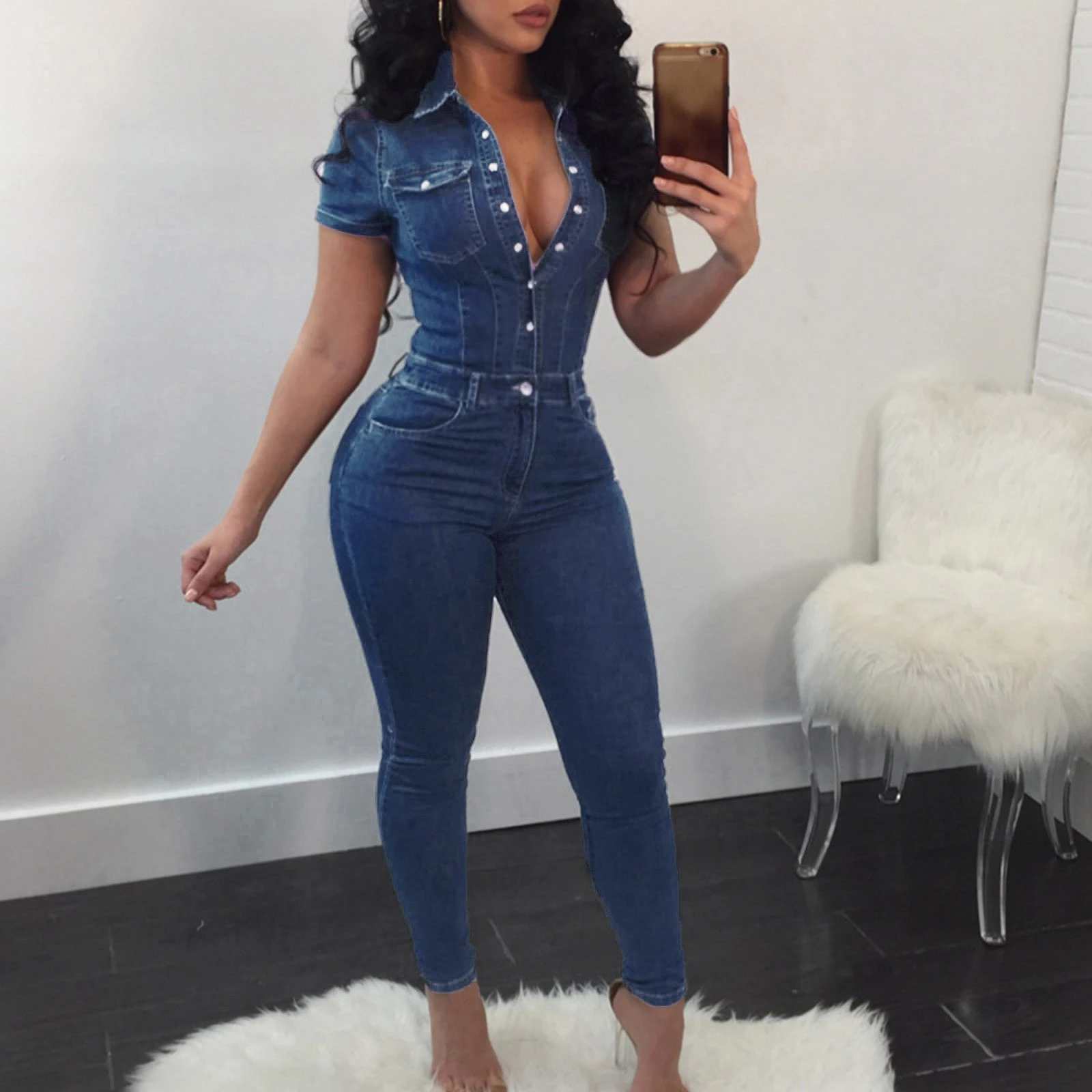 denim jumpsuit short sleeve