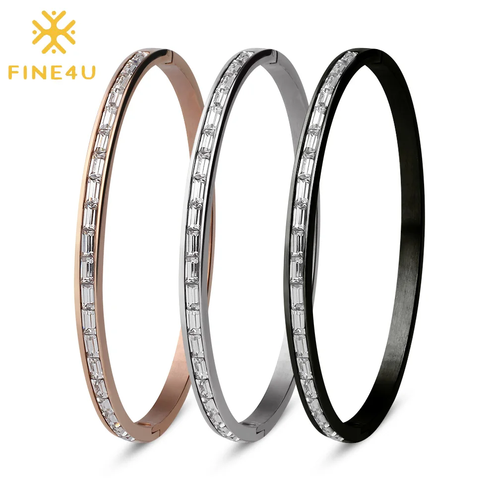

FINE4U B207 Stainless Steel Bangle For Women Luxury Square Cubic Zirconia Bangles Handmade Bracelet Jewelry Gifts