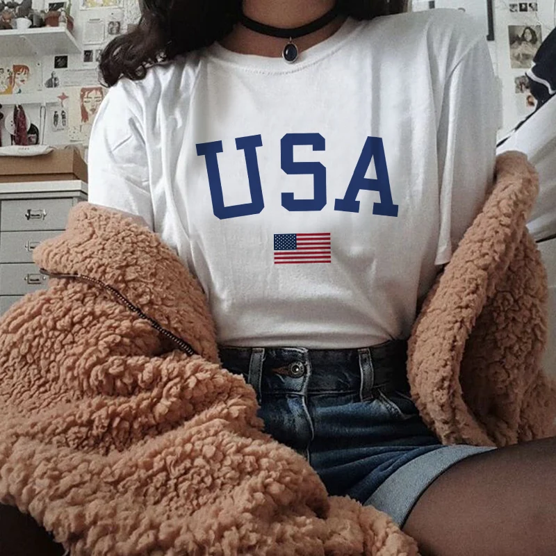 Женские топы Harajuku летние свободные футболки с принтом буквы США коротким рукавом