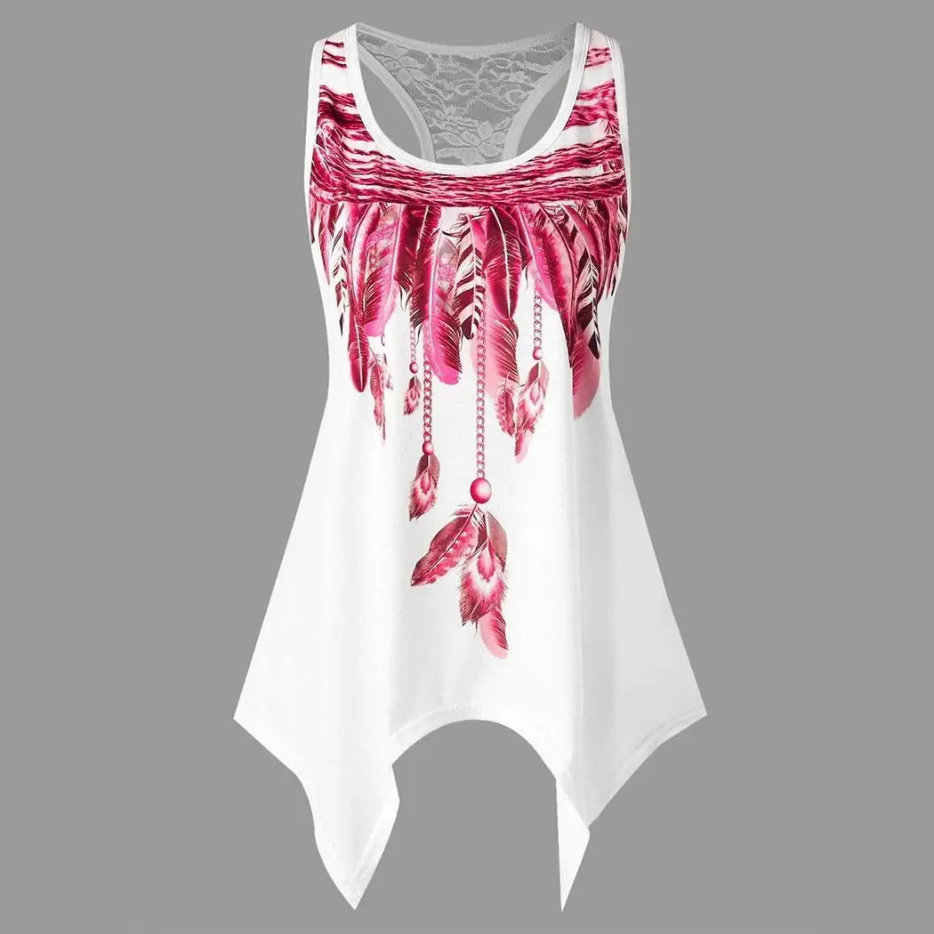 Summer Women Casual Feather Printed Irregular Hem Wine Red Purple Regular O Neck Top | Женская одежда