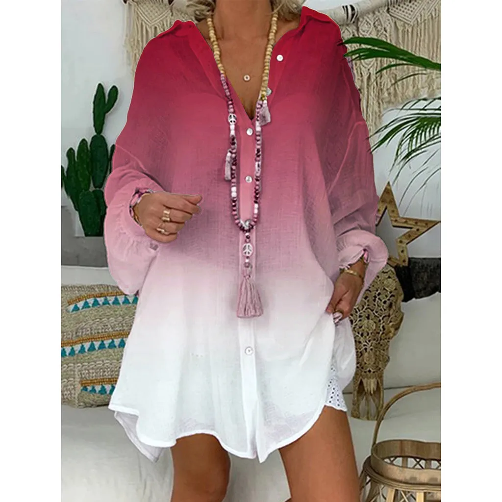 

High Quality Blouse Women Casual Gradient Long Sleeve Shirt Irregular Ombre Blouses Button Loose Tops Blusas Mujer De Moda 2019