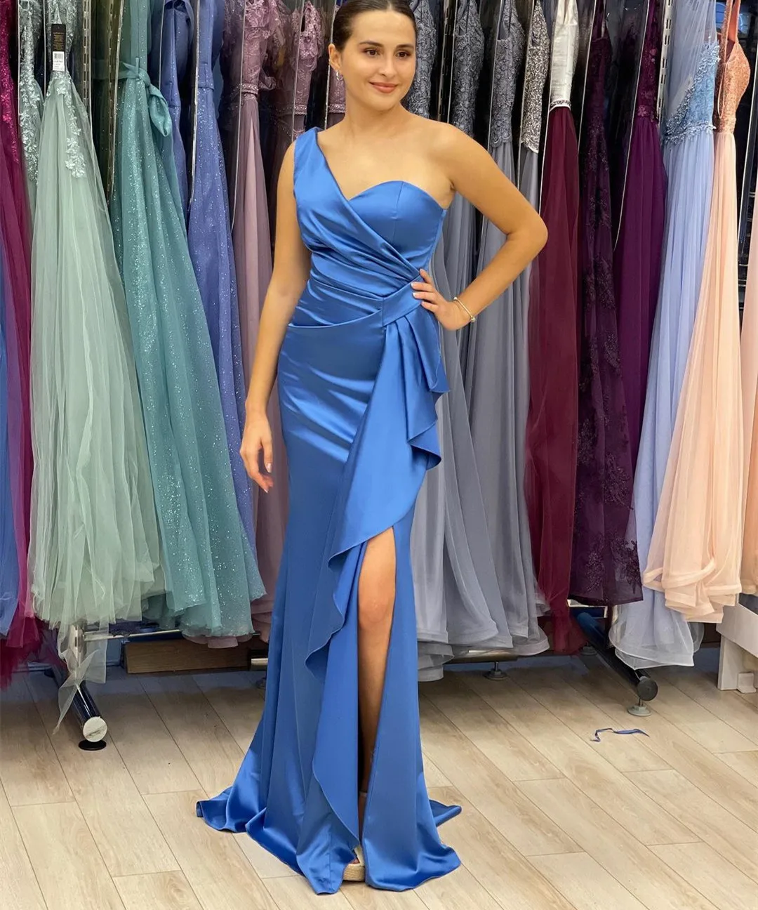 red prom dress Elegant Long Blue Satin Prom Dresses with Slit Mermaid One Shoulder Zipper Back Floor Length Robe De Soiree Formal Party Gown yellow prom dresses