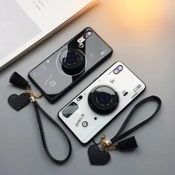 

Fashion camera pattern tempered glass luxury phone case for iphone x xr xs max 8 7 6 6s plus lot with balloon stent and lanyard