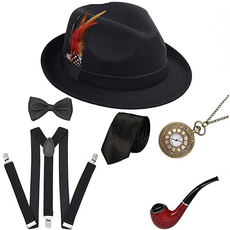 vitalidad Estrecho Colgar Ligas de los años 20 para hombre, accesorios de disfraz de Gatsby, sombrero  de fieltro de Brooklyn con pluma, reloj de bolsillo Vintage, tirantes,  corbata, 1920|Trajes festivos| - AliExpress