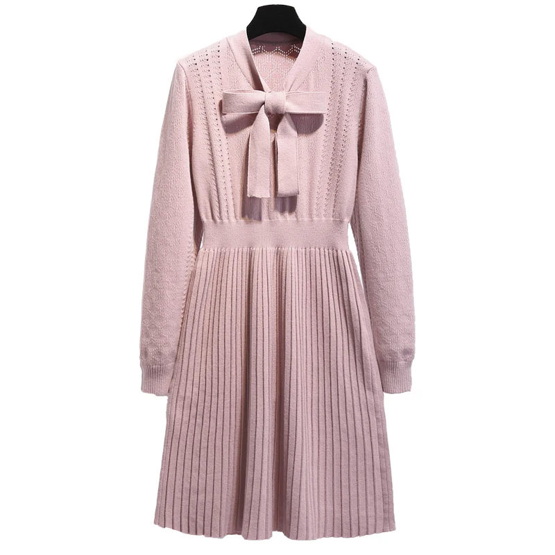 Autumn Women Pink Bow Tie Collar Sweater Dresses Plus Size Mini Knitted Dress Female Pullover Pleated Dress Vestidos 3XL