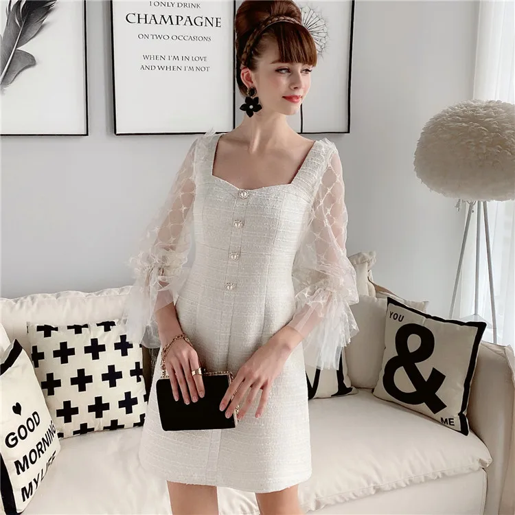 Dabuwawa Vintage Mesh Lantern Sleeve A-Line Dress Women Square Neck Button Front Elegant Solid Party Dress Ladies DT1CDR018