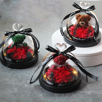 

Teddy Bear Rose Carnation Flower Decor In A Glass Dome For Mother Day Gift Wedding Valentines Day birthday Gift