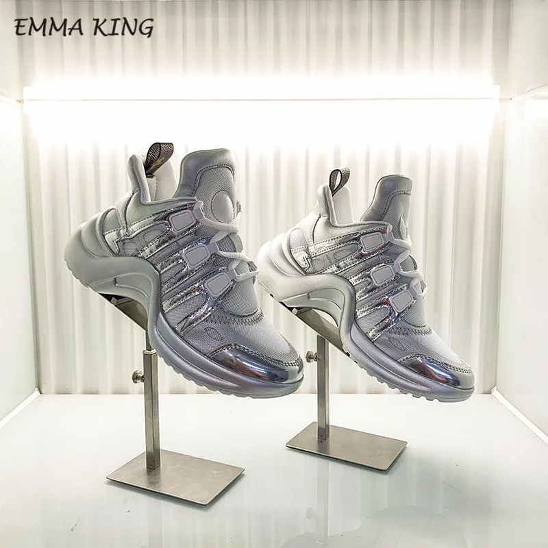 Silver Дизайнерские женские кроссовки Emma King на шнуровке; спортивная обувь для бега; Повседневная обувь из вулканизированной кожи и лайкры на плоской подошве; Прогулочные кроссовки - Цвет: Silver