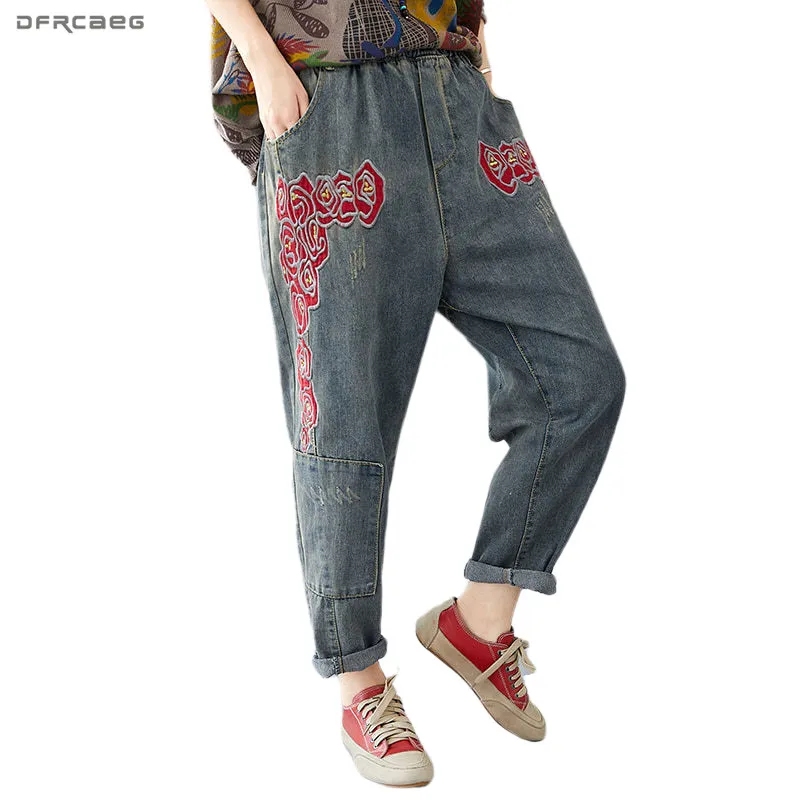 Loose Vintage Flower Embroidery Boyfriend Jeans For Women Elastic Waist Sping Streetwear Femme Denim Jean Trousers