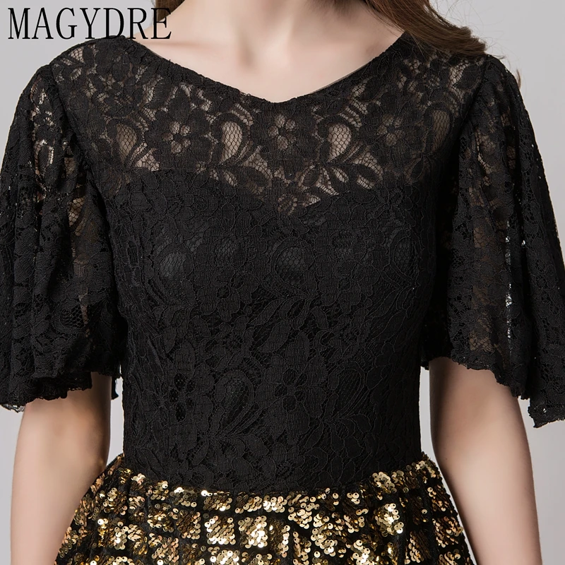 Черный блесток A-Line вечернее платье Половина рукава o-образным вырезом спинки Кружева Длина пола длинное платье