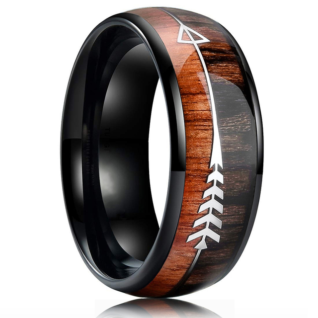 Fashion 8mm Men Black Tungsten Wild Life Hunting Ring Koa Wood Inlay Deer Family Silhouette Steel Ring Men Wedding Band