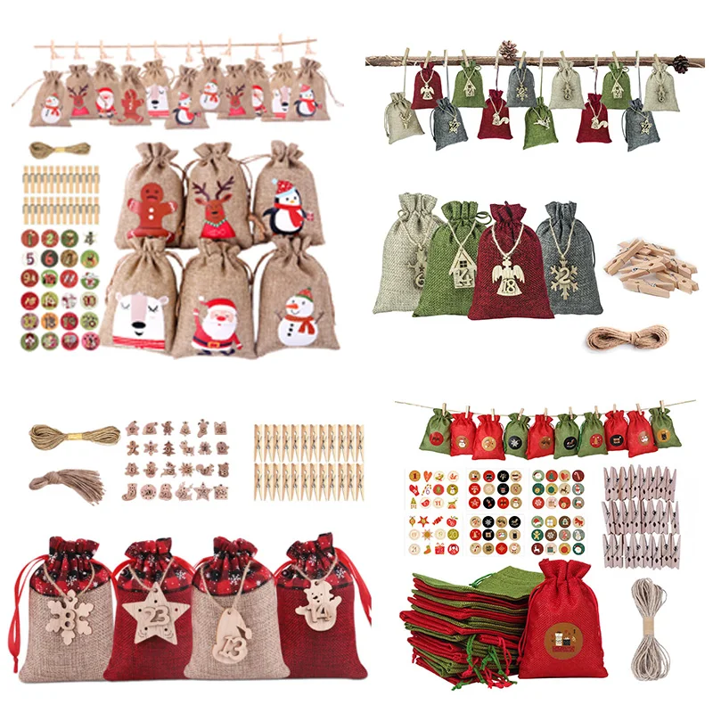 24pcs Christmas Advent Calendar Bag Linen Wall Hanging Drawstring With Clips Wooden Sign 2022 Countdown | Дом и сад