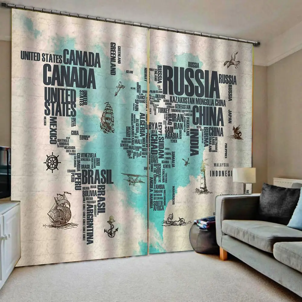 Retro Map Curtains Morden 3d Curtain Printing Blockout Polyester