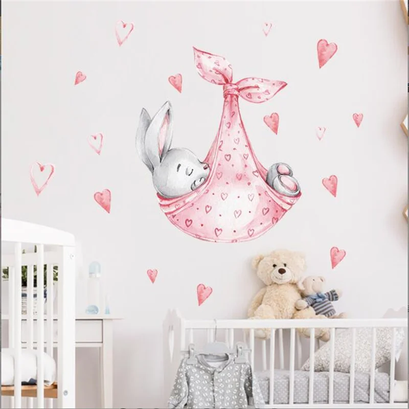 

Cartoon Pink Rabbit Good Night Wall Sticker For Girl's Room Baby Bedroom Bunny Porch Home Wall Decoration Self-Adhesive 35*60cm