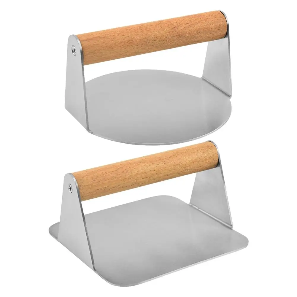 Stainless Steel Burger Press-Square Round Bacon Grill Press With Adiabatic Wood Handle-Stainless Burger Smasher Professional
