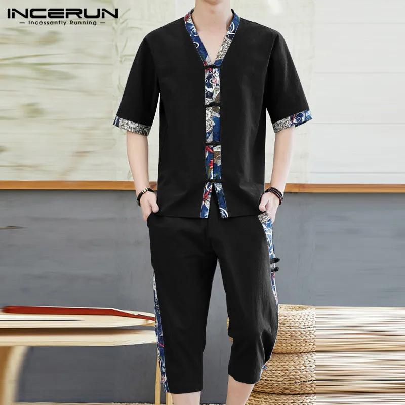 INCERUN Chinese Style Men Sets 2020 Print Patchwork Half Sleeve Streetwear V Neck Shirt Pants 2 Pieces Cotton Vintage Men Suits INCERUN Chinese Style Men Sets 2020 Print Patchwork Half Sleeve Streetwear V Neck Shirt Pants 2 Pieces Cotton Vintage Men Suits