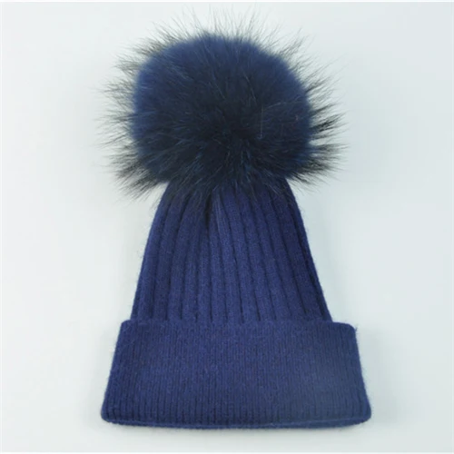 Зимние шапки с натуральным мехом, женские теплые вязаные шапки в стиле пэчворк, шапка из натурального меха енота, шерстяная шапка, Модный женский меховой колпачок для помпонов, шапка - Цвет: Navy match fur
