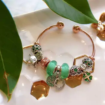 

High Quality Original 1:1 100%925 Sterling Silver Rose Gold Turquoise Glass Beads Robot Opening Bracelet Free Shipping