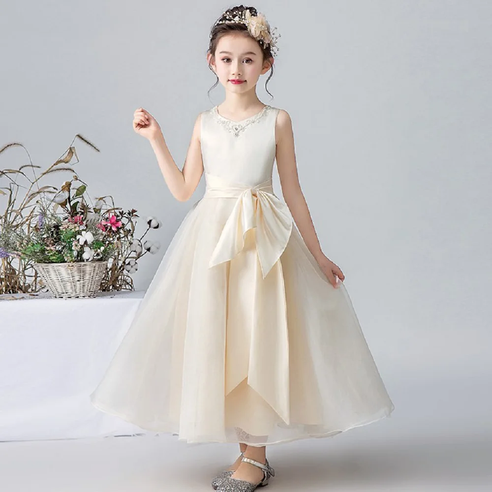 Satin Flower Girl Dresses Wedding Birthday Party Gown Cap Sleeve Kid Princess Pageant Gowns Junior Bridesmaid Dress