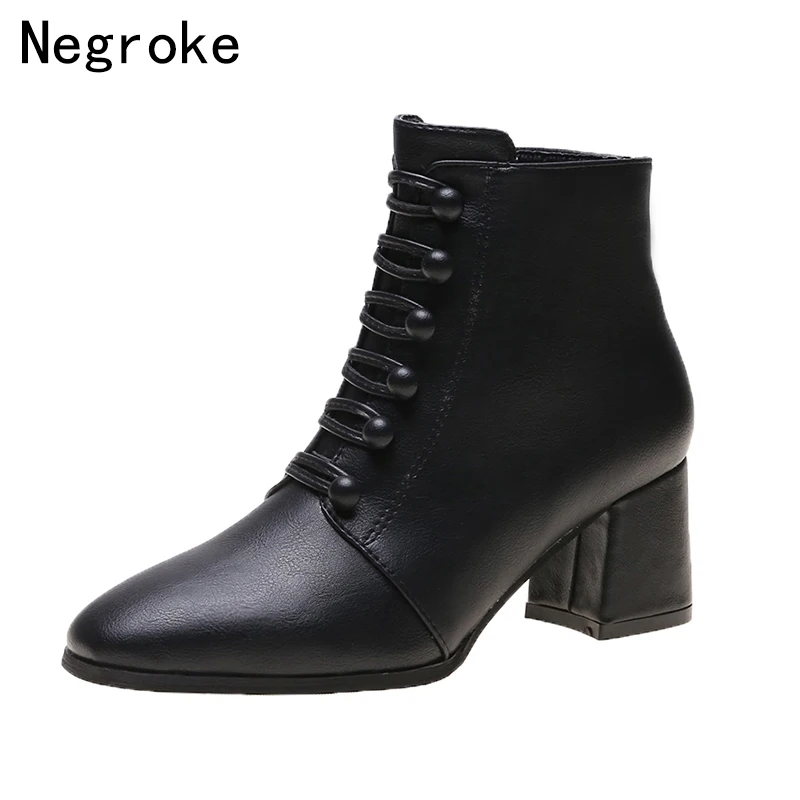 

Hot 2019 Retro Women Boots Fashion High Heels Ankle Boots PU Leather Pointed Women Shoes Booties Zapatos Muje