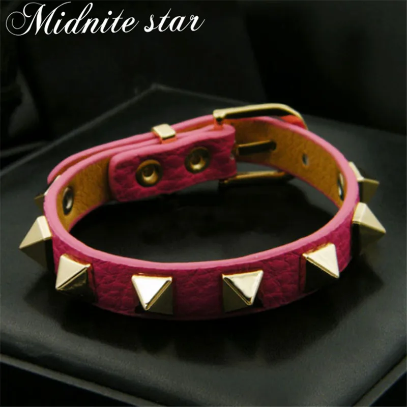 Кожаные браслеты для женщин Мода готика панк стиль браслеты с заклепками Одноконтурный подвеска-Шарм ручной работы браслет подарок - Окраска металла: pink