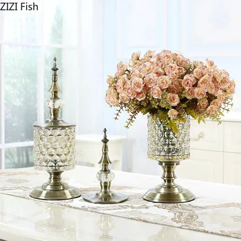 

Nordic Vintage Home Decor Vases for Flowers Glass Vase Luxurious Transparent Relief Process Non-hydroponic Alloy Base Flower Pot