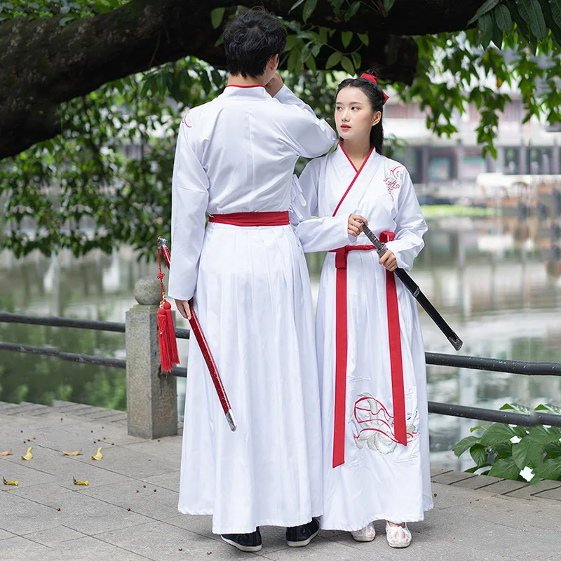 Белый Hanfu для женщин и мужчин Вышивка танцевальные костюмы фестивальный рейв наряд певцов представление одежда народная фея платье 2 шт. DC3183