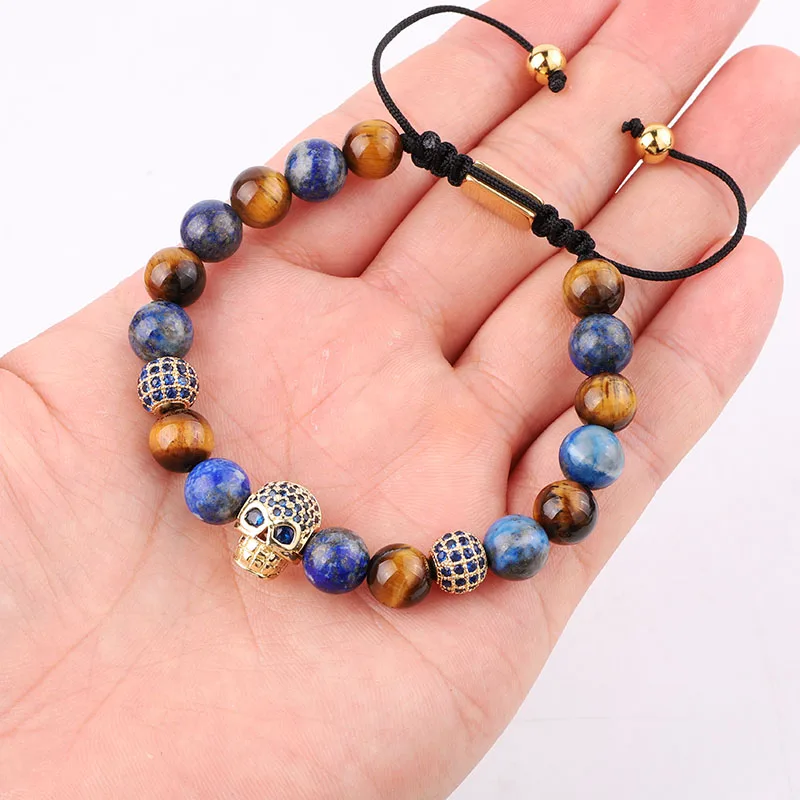 New Design Natural Stone Beads Blue CZ Pave Skull Charm Macrame Adjustable Bracelet Men - Image 3