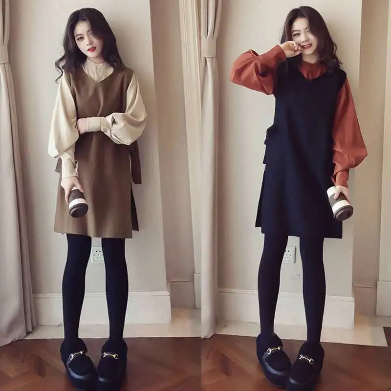 

Long Sleeve Base Shirt Tops New Style Korean-style Set Large Size Women's Loose-Fit Waistcoat Shirt Two-Piece Set Fashion