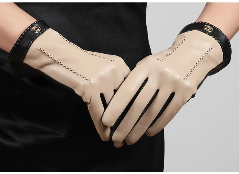 Gants en cuir véritable pour femmes, mode, deux tons, écran tactile, peau de mouton, chaud, doublure en peluche, gants de conduite pour dames