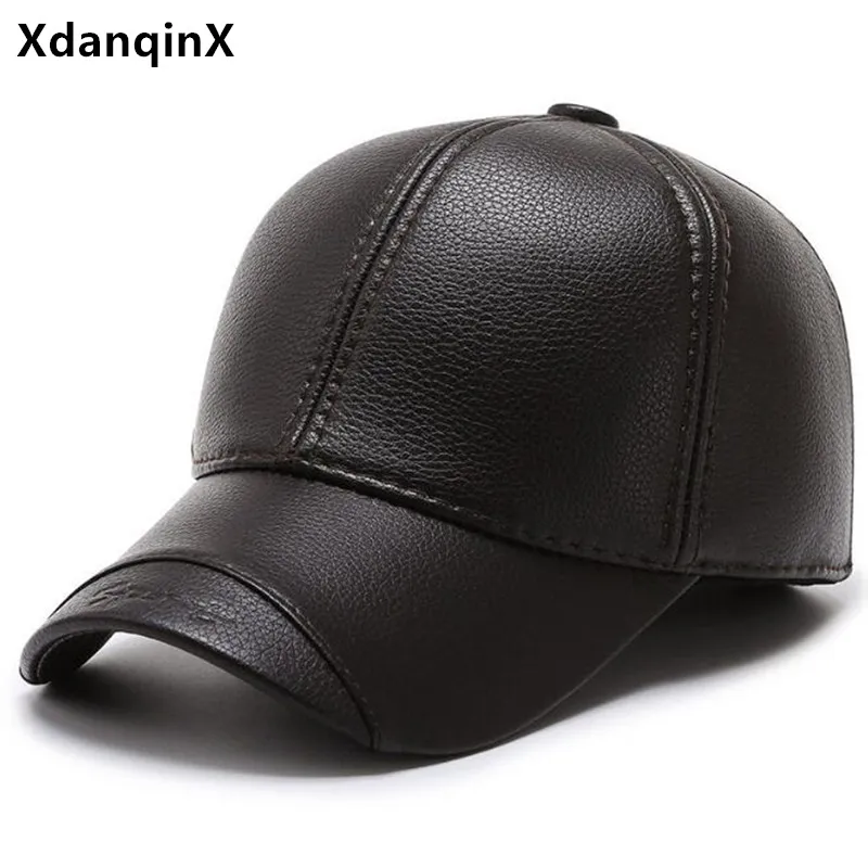 XdanqinX New Winter Men's PU Leather Baseball Cap Warm Hat gorras Fashion Sports Caps For Men Thick Earmuffs Hat casquette homme