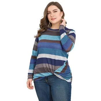 

2019 Autumn New Large Size Women's Casual T-shirt Striped Long Sleeve O Neck Irregular Kinky Top Plus Size