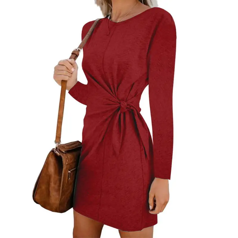 

Womens Long Sleeve Crew Neck Twist Front Side Knot Loose Dress Autumn Winter Solid Color Casual Party Clubwear S-2XL