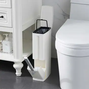 

Household Trash Can Creative Simple Style Solid Color Multi-functional Narrow Waste Container with Toilet Cleaning Brush