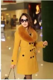 Новое зимнее M-5XL женское двубортное шерстяное пальто с большим меховым воротником Длинная зимняя куртка Parker пальто высокого качества - Цвет: yellow