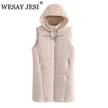 WESAY JESI ZA Women Waistcoat Sleeveless Fashion Ladies Pocket Parka Jacket TRAF Autumn Winter Vests Hooded Warm Long Vest Coat