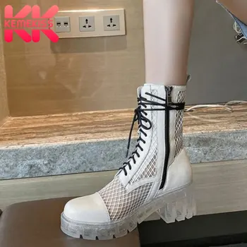 

KemeKiss 2020 New Women Summer Real Genuine Leather Boots Round Toe Thick Heel Clear Heel Lace Up Cool Footwear Size 34-39